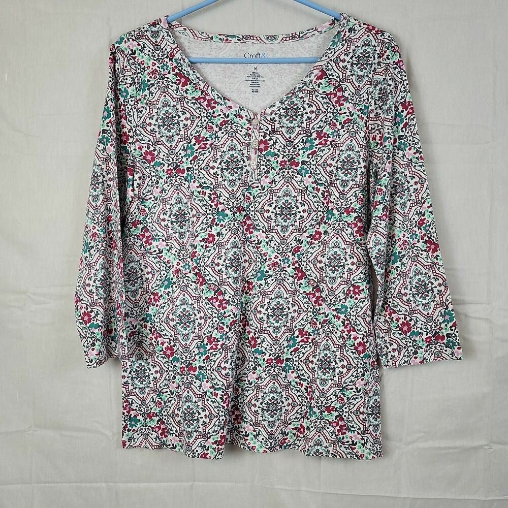 Croft & Barrow Womens Multicolor Cotton 3/4 Sleeve Vโ Neck Blouse Top Sz Medium